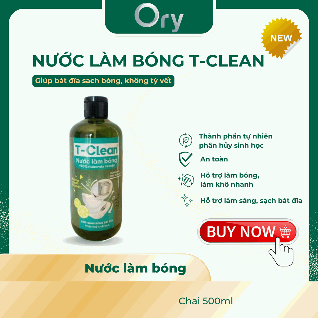 Nước Làm Bóng T-Clean hương chanh Eco, Bát Đĩa Sáng Bóng (chai 500ml)