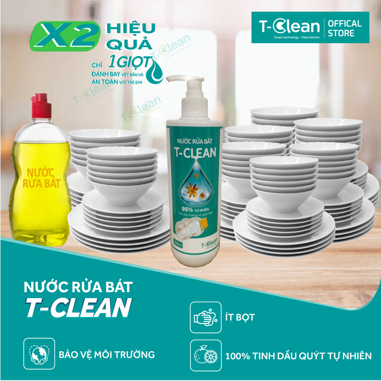 Nước Rửa Chén T-Clean(Tclean) 95% thành phần tự nhiên, Không Khô Da Tay, an toàn trẻ nhỏ, chai 500ml