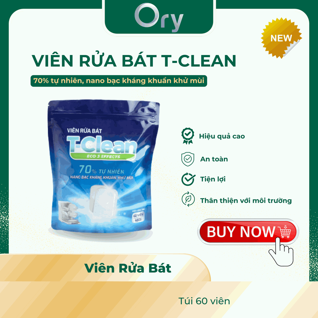 Viên rửa bát T-Clean Eco3 Effects Nano Bạc (size nhỏ túi 60 viên)