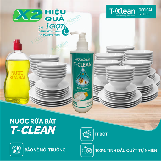 Nước Rửa Chén T-Clean(Tclean) 95% thành phần tự nhiên, Không Khô Da Tay, an toàn trẻ nhỏ, chai 500ml